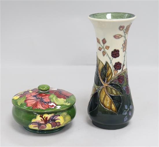 A Moorcroft Bramble pattern vase, designer Sally Tuffin, 1998, H 8.25in (21cm) and a Hibiscus pattern bowl and cover